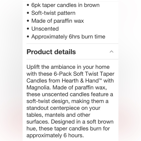 HEARTH & HAND NWT 6pc soft twist taper candles -brown -14” - Picture 4 of 6